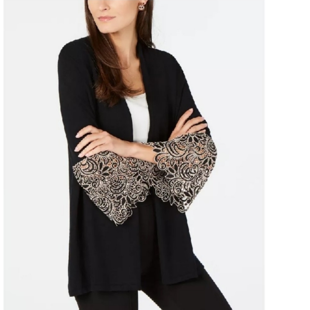 Alfani Open Front Linen Cardigan Black Sweater White Lace Bell Cuffs Size Large